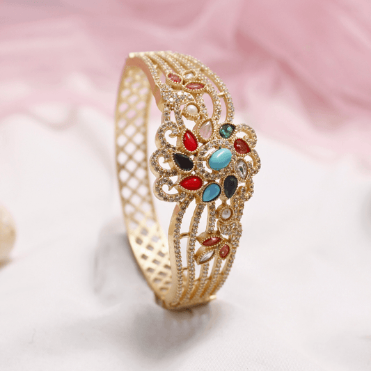 Multicolour Stone Openable AD Kada – Navratna Inspired Gold Bracelet