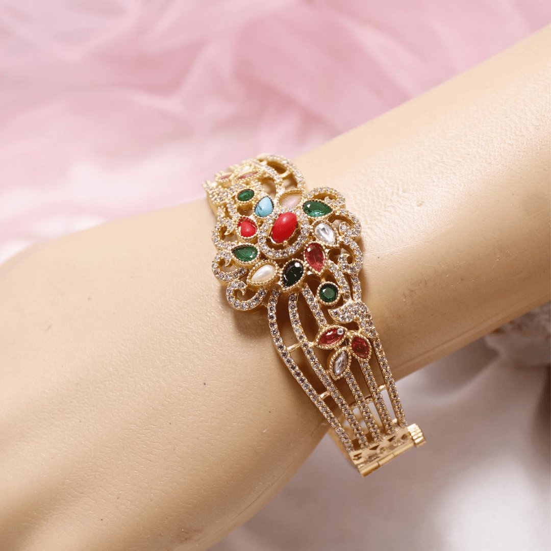 Multicolour Stone Openable AD Kada – Navratna Inspired Gold Bracelet