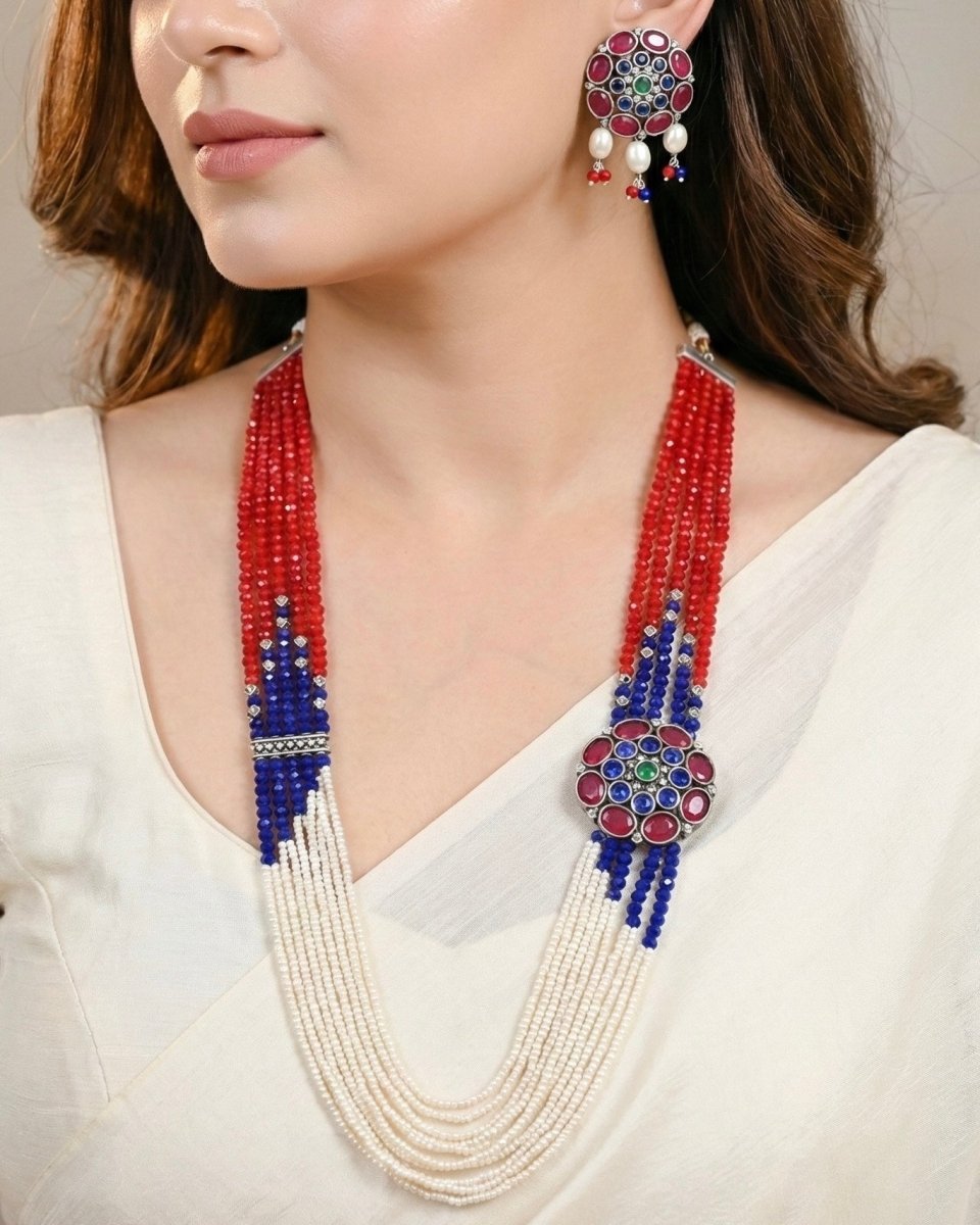 NAGINA LONG NECKLACE SET- BLUE & MAROON