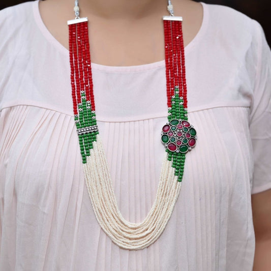 NAGINA LONG NECKLACE SET-GREEN&MAROON