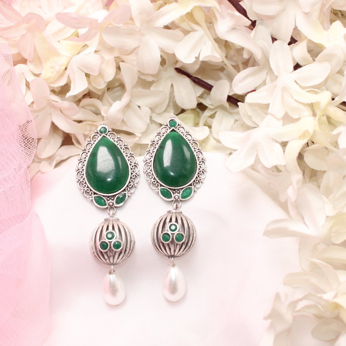 NAGINA MEERA SILVER LOOK ALIKE EARRING-GREEN