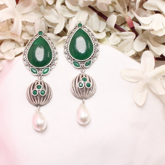 NAGINA MEERA SILVER LOOK ALIKE EARRING - GREEN