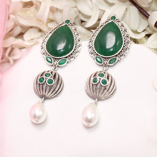 NAGINA MEERA SILVER LOOK ALIKE EARRING - GREEN