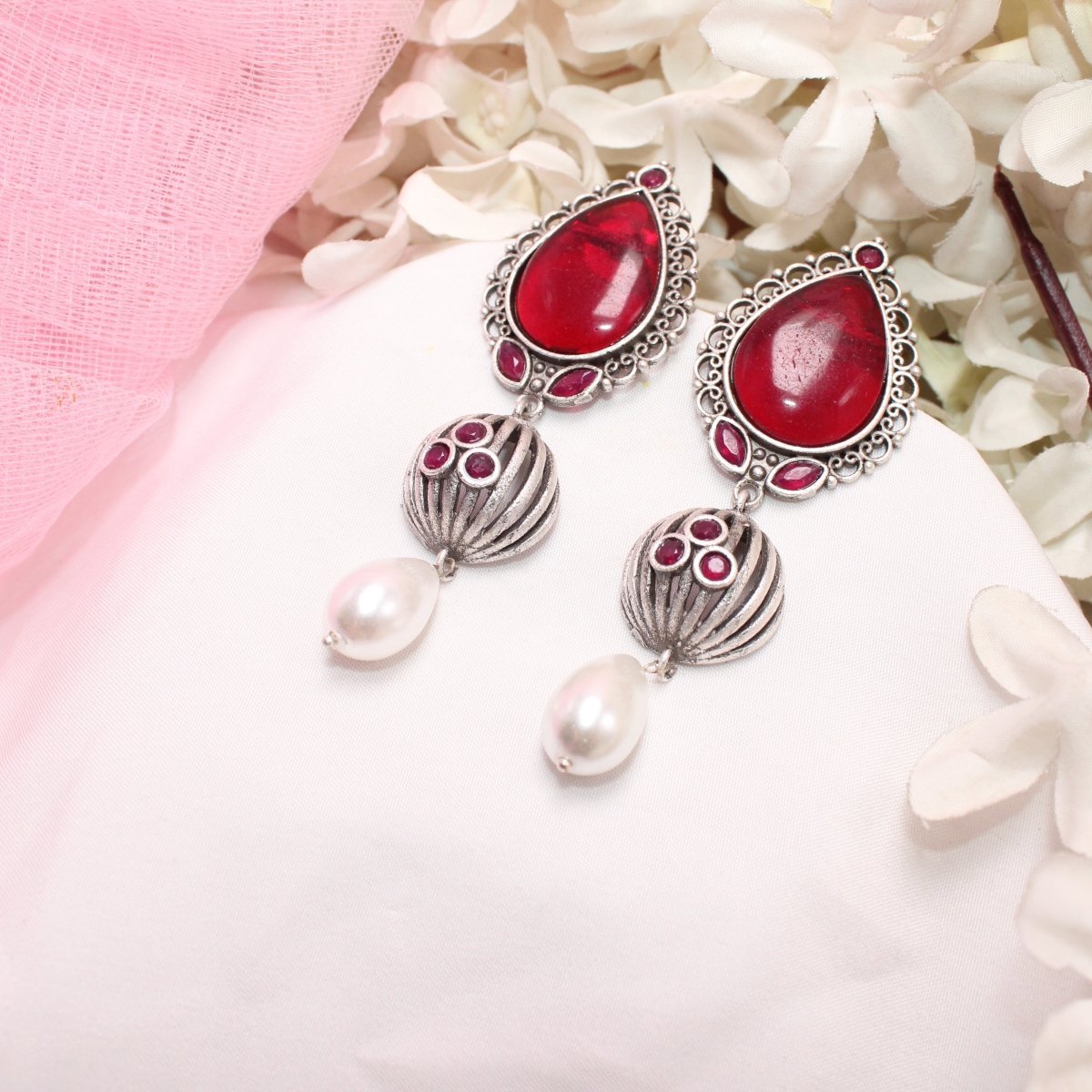 NAGINA MEERA SILVER LOOK ALIKE EARRING - RED