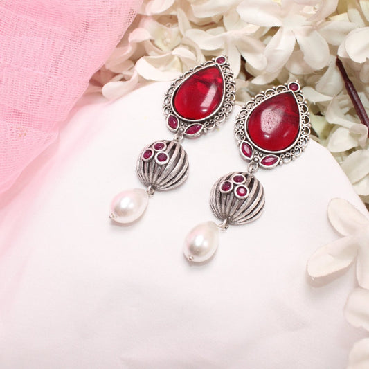 NAGINA MEERA SILVER LOOK ALIKE EARRING - RED