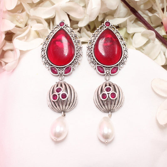 NAGINA MEERA SILVER LOOK ALIKE EARRING - RED