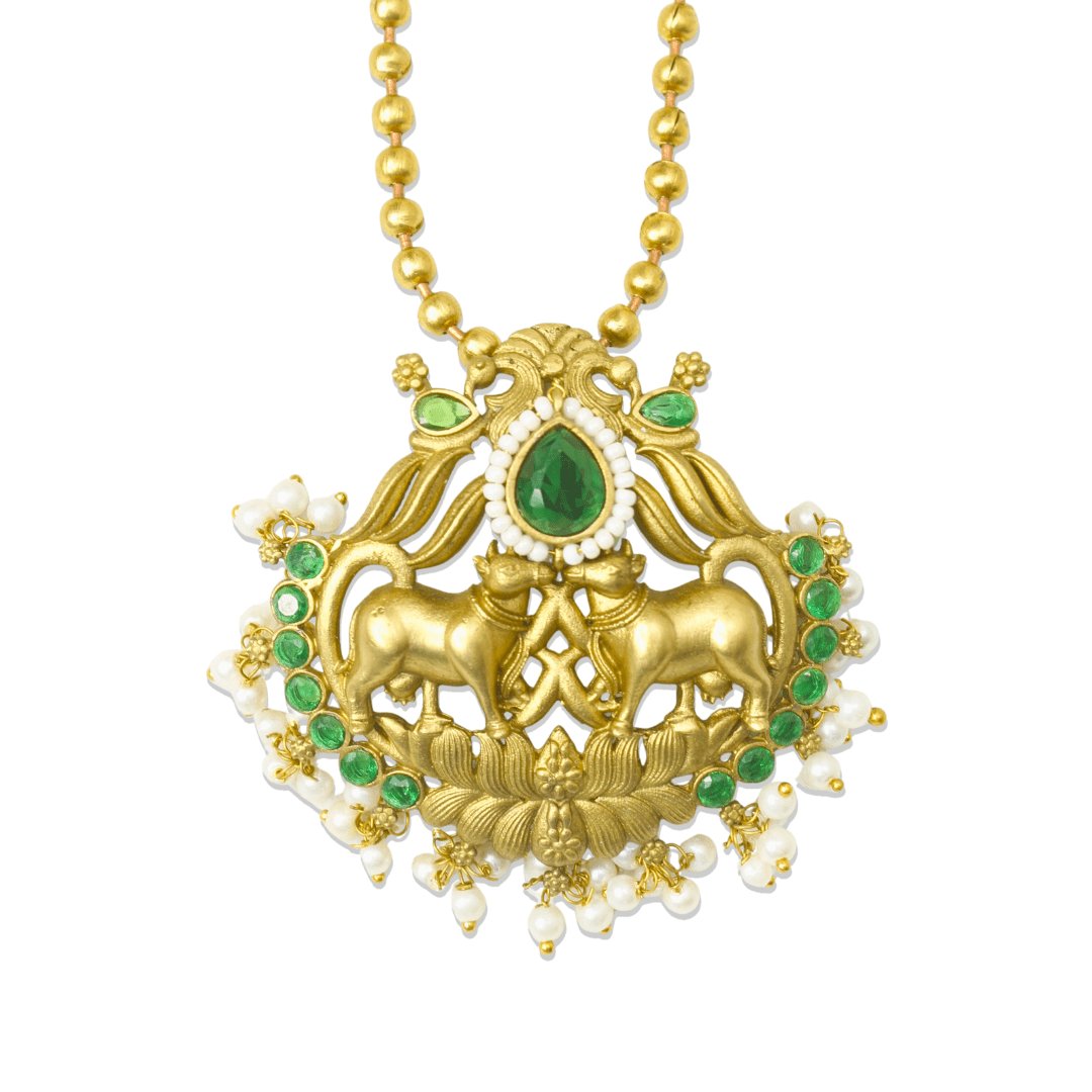 Nandi Pair Antique Pendant Set – Matte Gold with Emerald Green Kundan & Pear