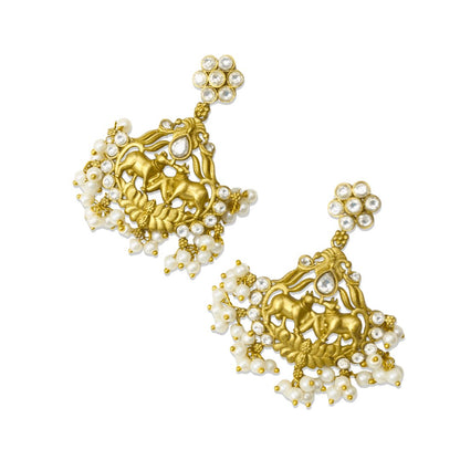 Nandi Pair Antique Pendant Set – Matte Gold with White Polki & Pear