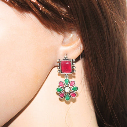 NARGIS FLOWER STONE NECKLACE SET-RED&GREEN