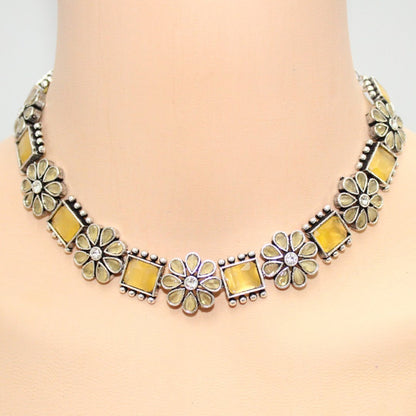 NARGIS FLOWER STONE NECKLACE SET - YELLOW