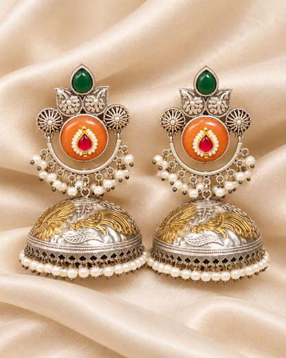 Round Stone Dual Tone Jhumka Earrings - Orange and Green - closeup view