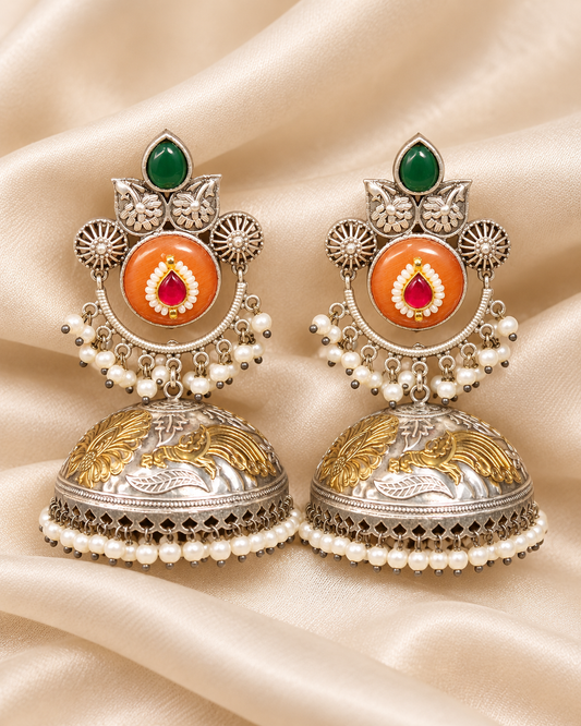 Round Stone Dual Tone Jhumka Earrings - Orange and Green - closeup view