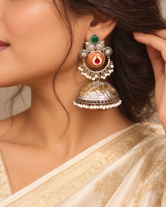 Round Stone Dual Tone Jhumka Earrings - Orange and Green - model view