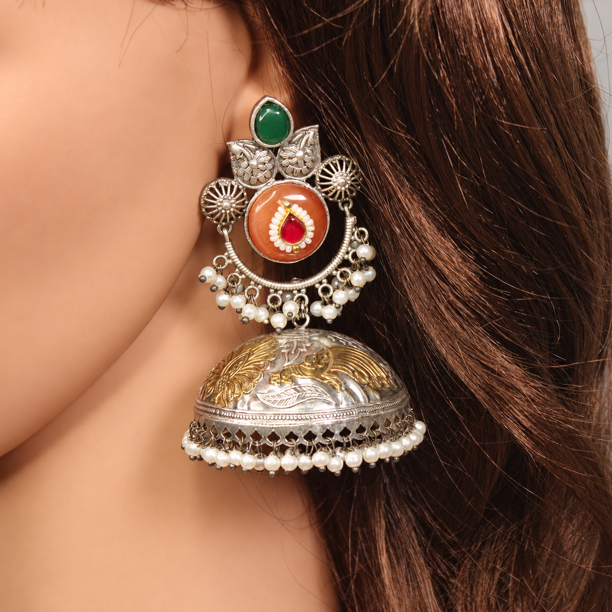 Round Stone Dual Tone Jhumka Earrings - Orange and Green - retouched original photograph IMG_8420
