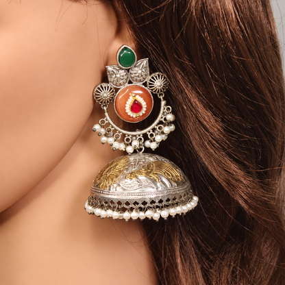 Round Stone Dual Tone Jhumka Earrings - Orange and Green - retouched original photograph IMG_8420