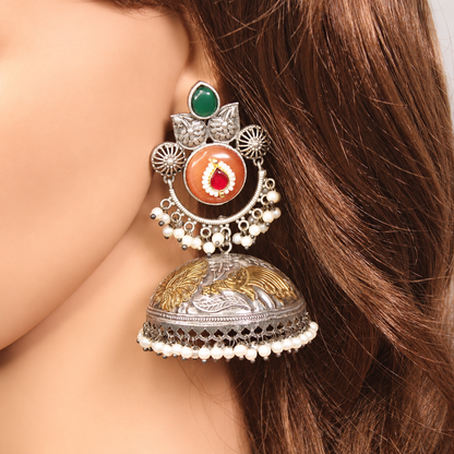Round Stone Dual Tone Jhumka Earrings - Orange and Green - retouched original photograph IMG_8421