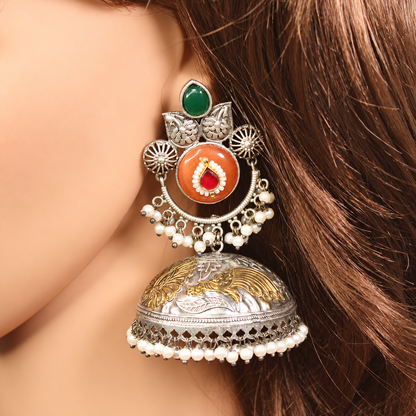 Round Stone Dual Tone Jhumka Earrings - Orange and Green - retouched original photograph IMG_8422