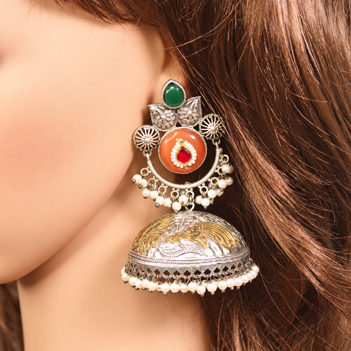 Round Stone Dual Tone Jhumka Earrings - Orange and Green - retouched original photograph IMG_8423
