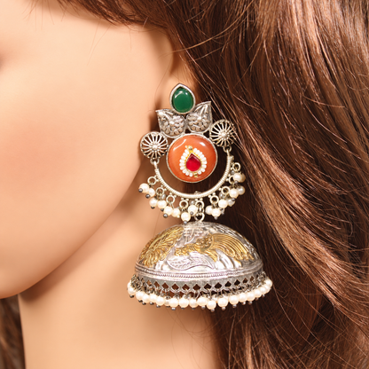 Round Stone Dual Tone Jhumka Earrings - Orange and Green - retouched original photograph IMG_8423