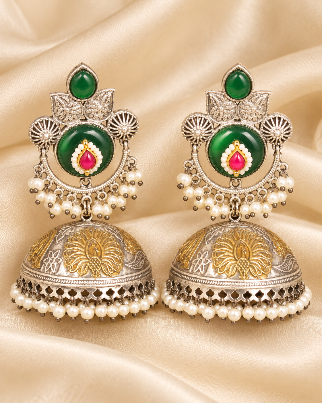 Round Stone Dual Tone Jhumka Earrings - Green and Pink - closeup view