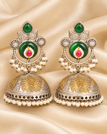 Round Stone Dual Tone Jhumka Earrings - Green and Pink - closeup view