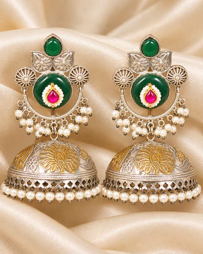 Round Stone Dual Tone Jhumka Earrings - Green and Pink - earring-detail view