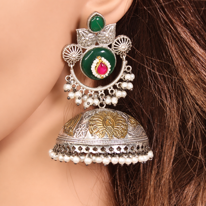 Round Stone Dual Tone Jhumka Earrings - Green and Pink - retouched original photograph IMG_8434