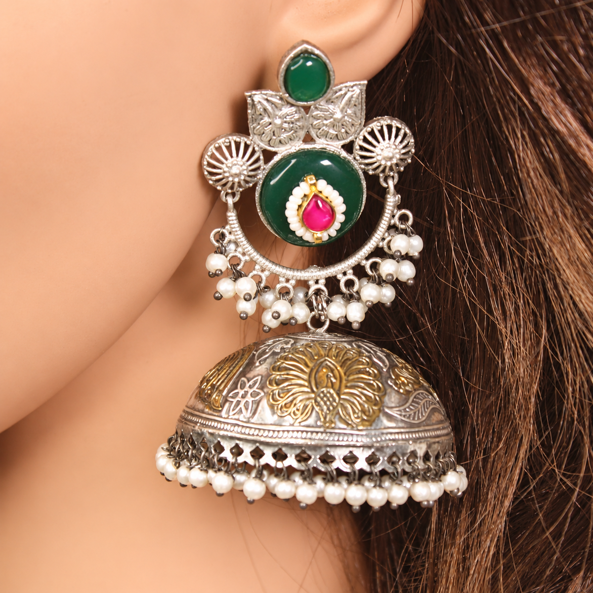 Round Stone Dual Tone Jhumka Earrings - Green and Pink - retouched original photograph IMG_8435