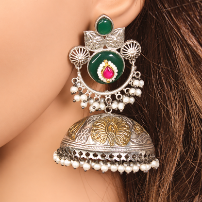 Round Stone Dual Tone Jhumka Earrings - Green and Pink - retouched original photograph IMG_8435