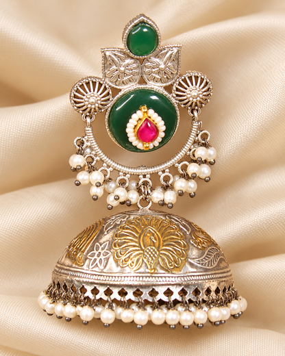 Round Stone Dual Tone Jhumka Earrings - Green and Pink - ornament-detail view
