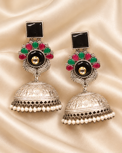 Square Black Stone Floral Jhumka Earrings - Black — AI-styled closeup view