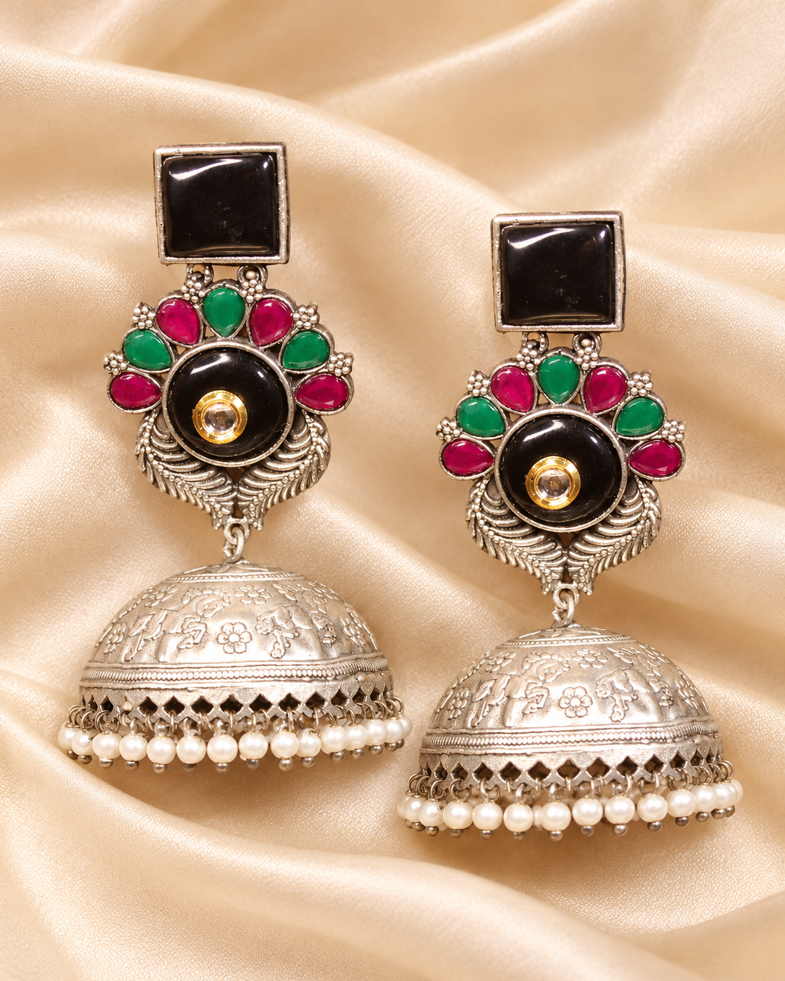 Square Black Stone Floral Jhumka Earrings - Black — AI-styled earring detail view