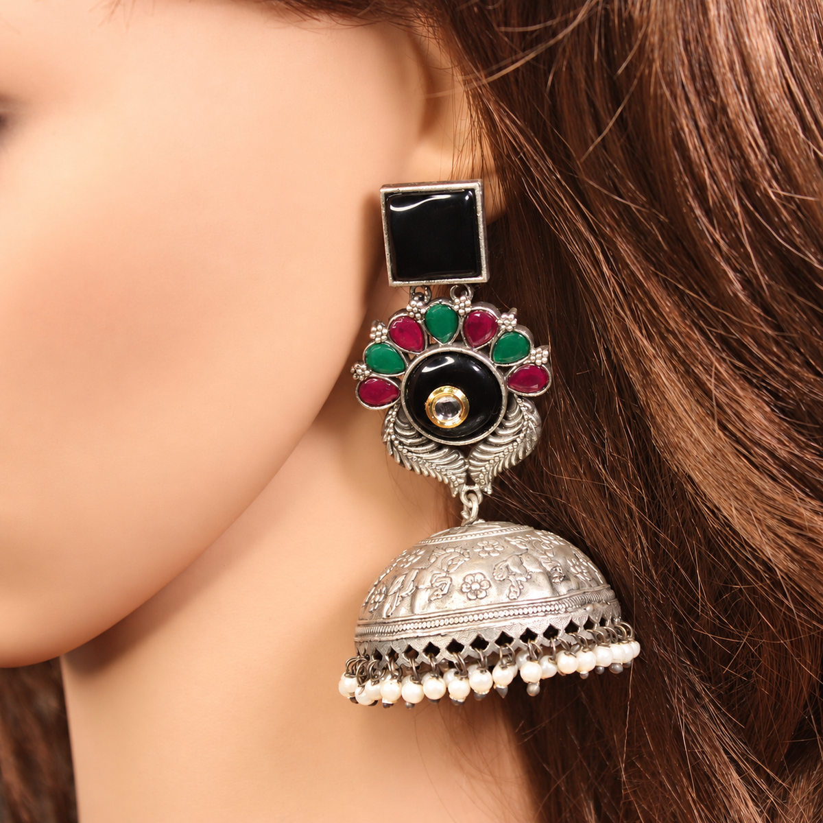 Square Black Stone Floral Jhumka Earrings - Black — retouched original photograph IMG_8424