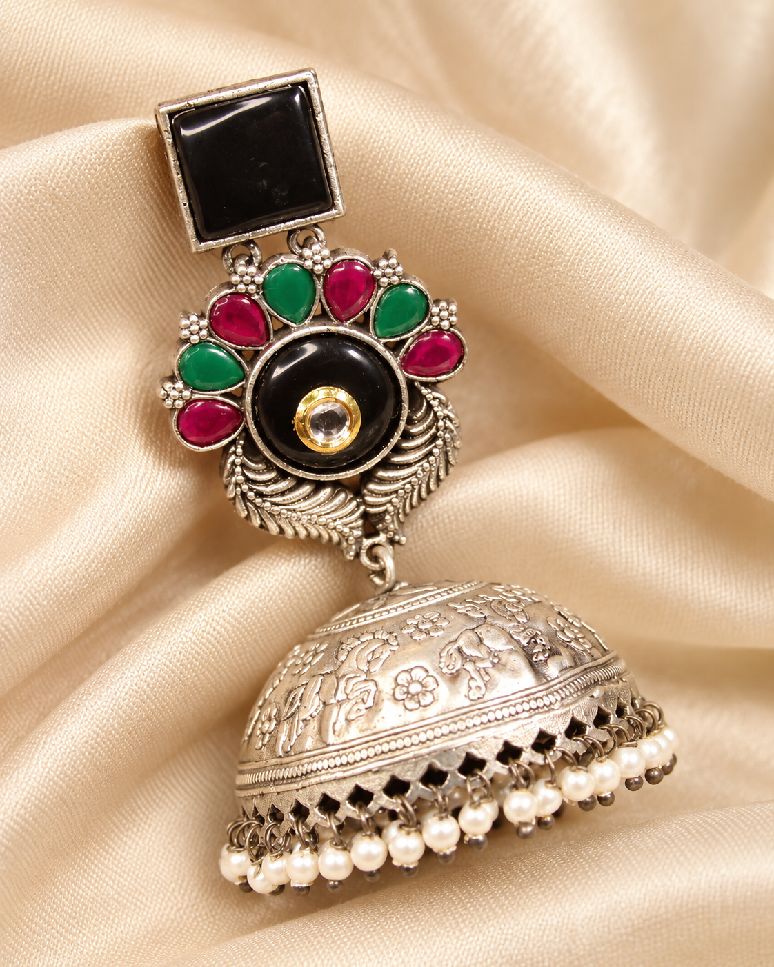 Square Black Stone Floral Jhumka Earrings - Black — AI-styled ornament detail view