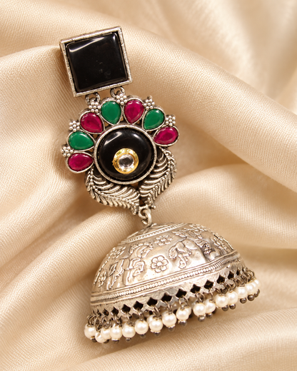 Square Black Stone Floral Jhumka Earrings - Black — AI-styled ornament detail view