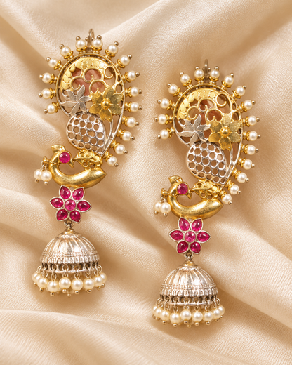 Paisley Stone Jhumka Earrings - Pink — AI-styled earring detail view