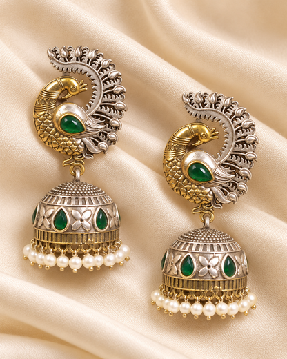 Paisley Stone Jhumka Earrings - Green — AI-styled closeup view