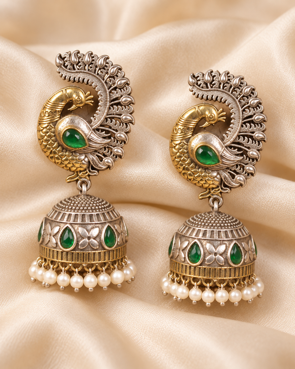Paisley Stone Jhumka Earrings - Green — AI-styled earring detail view