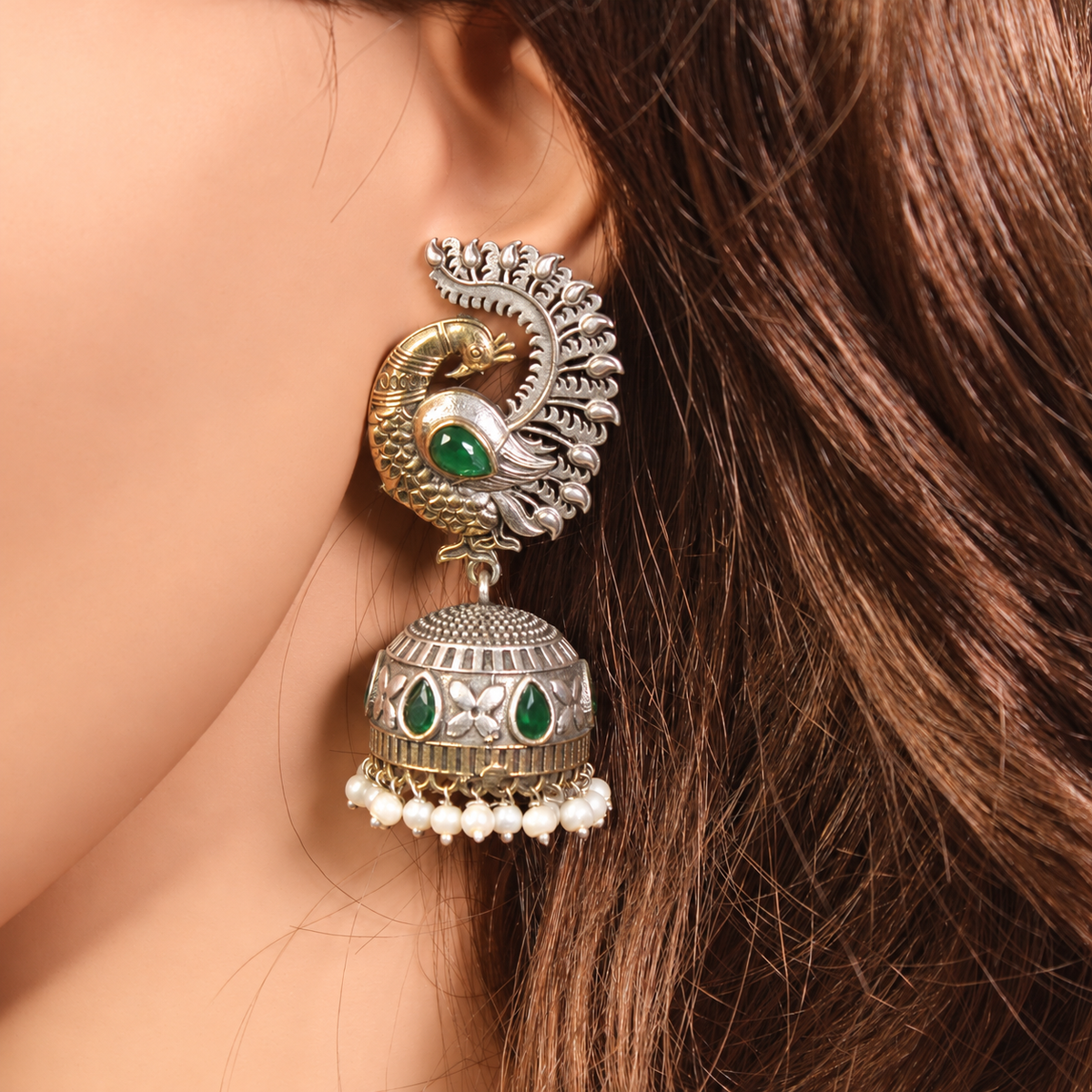 Paisley Stone Jhumka Earrings - Green — retouched original photograph IMG_8429