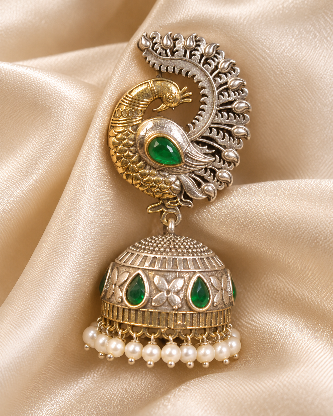 Paisley Stone Jhumka Earrings - Green — AI-styled ornament detail view
