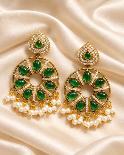 Floral Green Stone Pearl-Style Fringe Earrings - Green — AI-styled closeup view