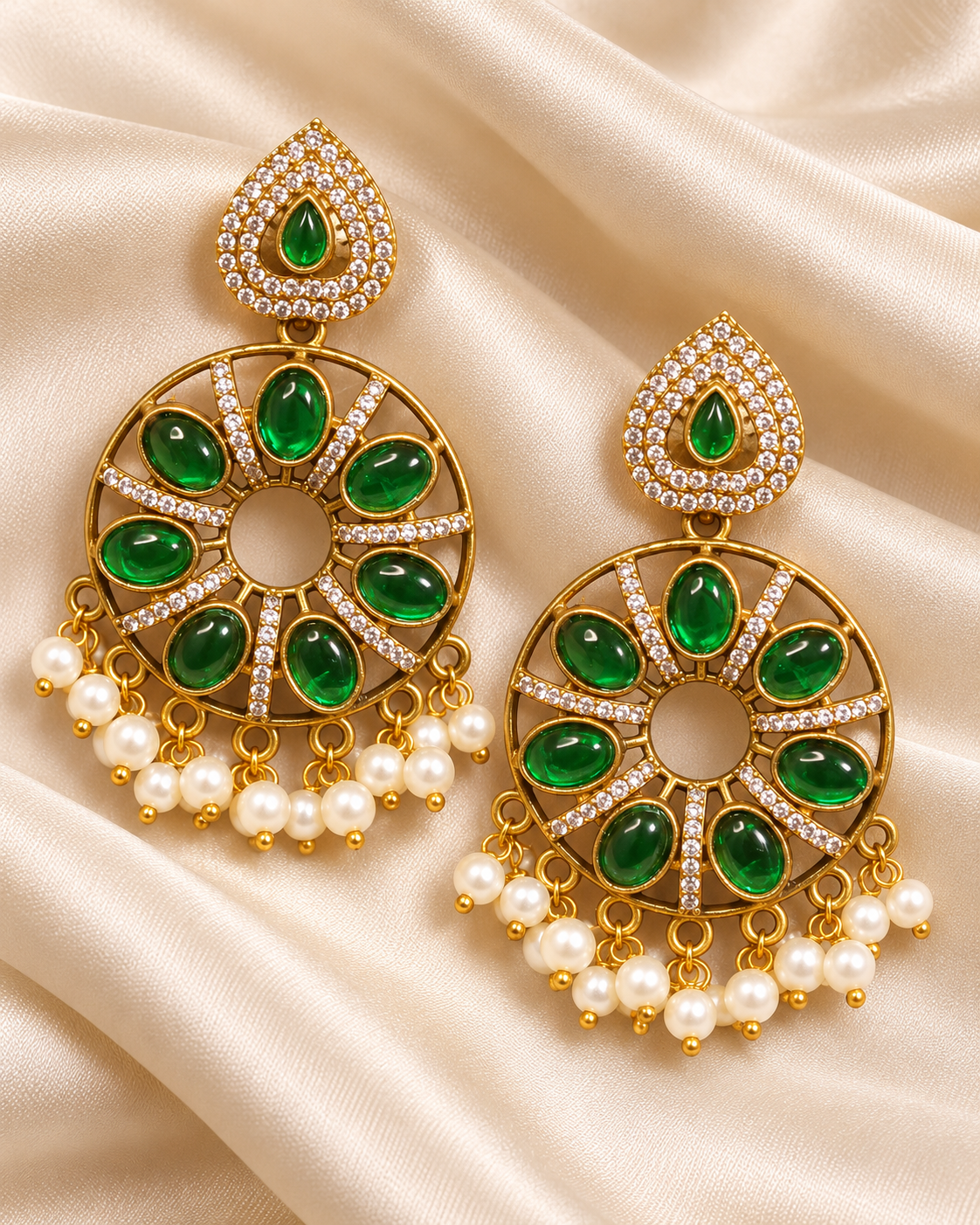 Floral Green Stone Pearl-Style Fringe Earrings - Green — AI-styled earring detail view
