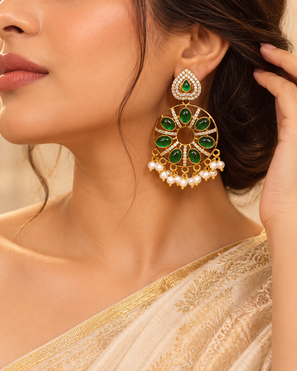 Floral Green Stone Pearl-Style Fringe Earrings - Green — AI-styled model view
