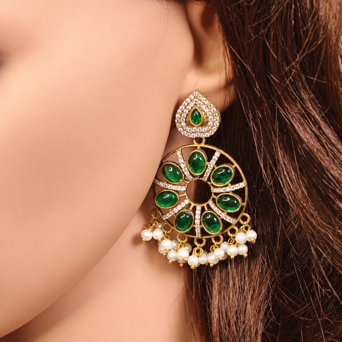 Floral Green Stone Pearl-Style Fringe Earrings - Green — retouched original photograph IMG_8430