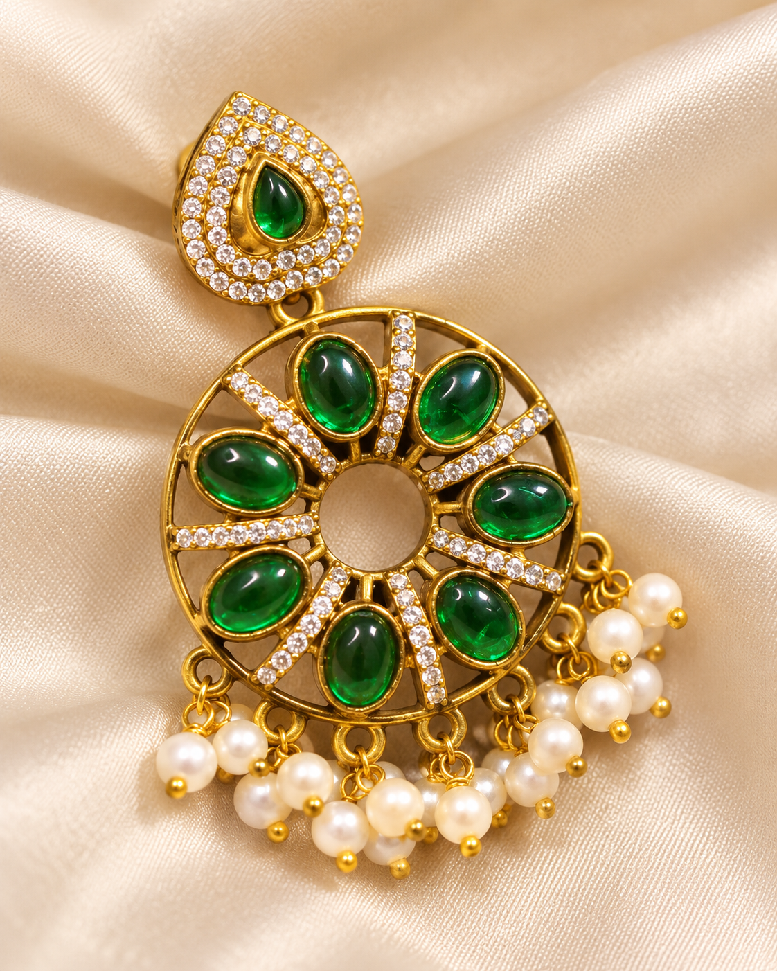 Floral Green Stone Pearl-Style Fringe Earrings - Green — AI-styled ornament detail view