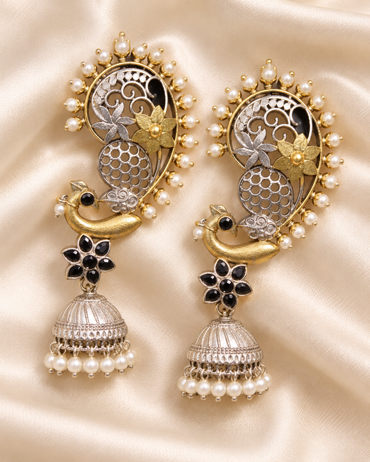 Paisley Stone Jhumka Earrings - Black — AI-styled closeup view