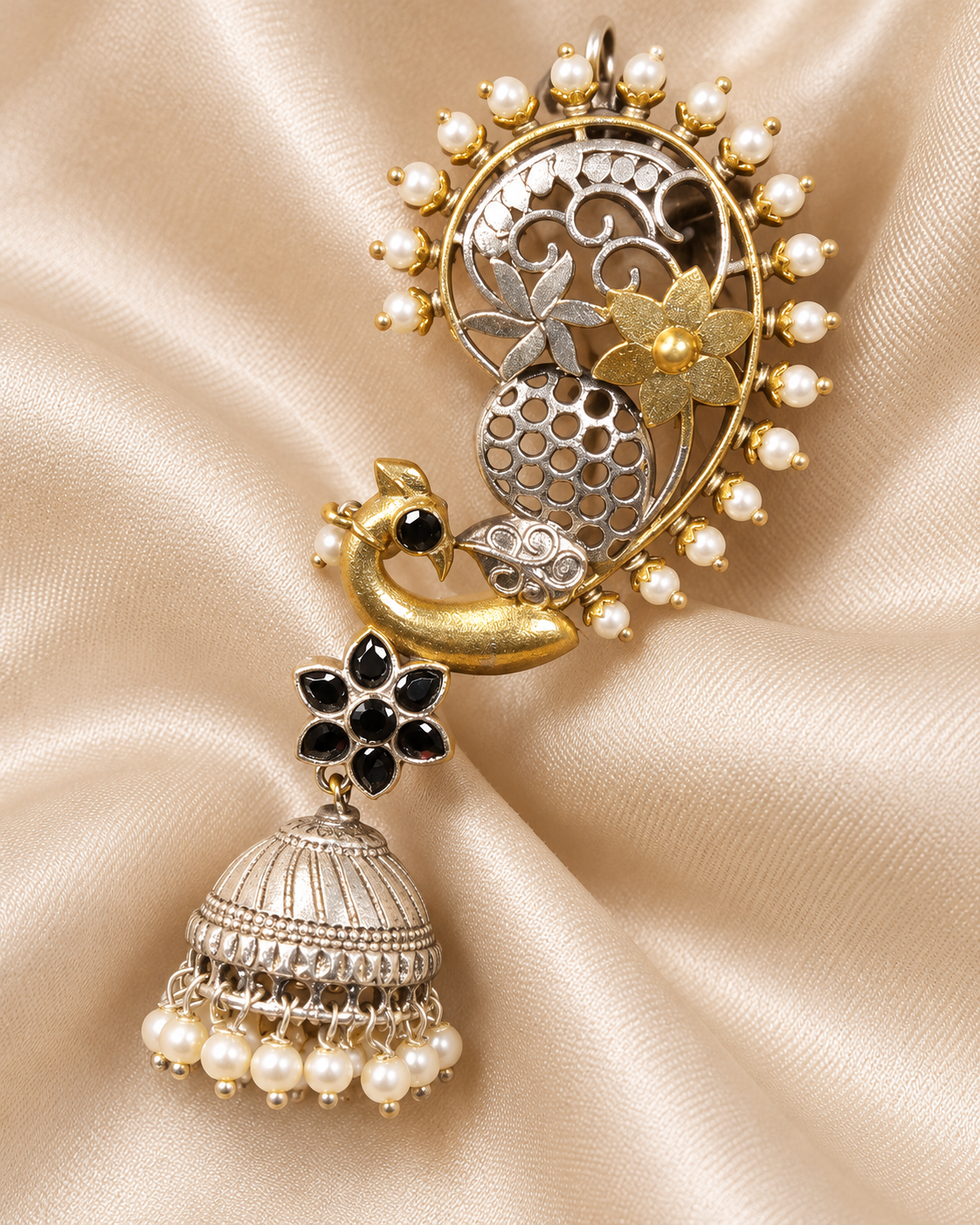 Paisley Stone Jhumka Earrings - Black — AI-styled stone detail view
