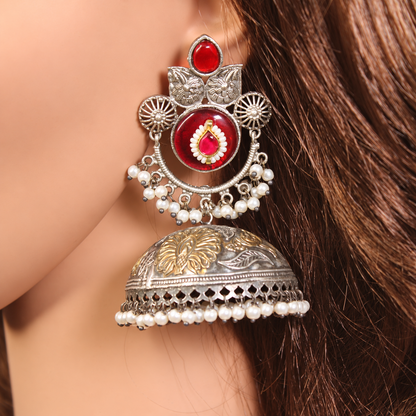 Round Stone Dual Tone Jhumka Earrings - Ruby - retouched original photograph IMG_8432
