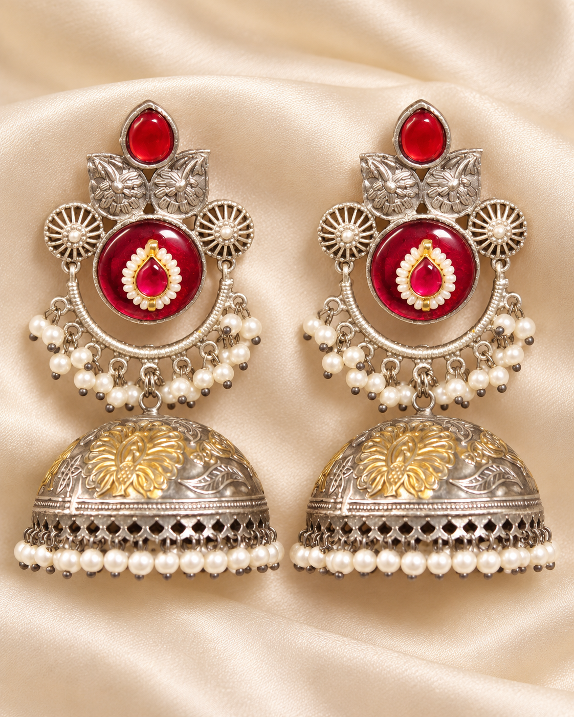 Round Stone Dual Tone Jhumka Earrings - Ruby - closeup view
