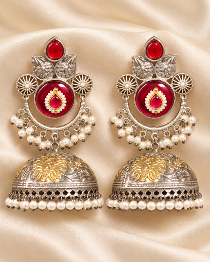 Round Stone Dual Tone Jhumka Earrings - Ruby - closeup view
